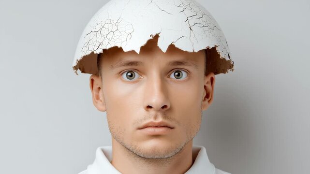 Male figure with cracked eggshell head displays a series of expressions showcasing surprise and contemplation, emphasizing the unique visual concept of transformation and introspection in a minimalist