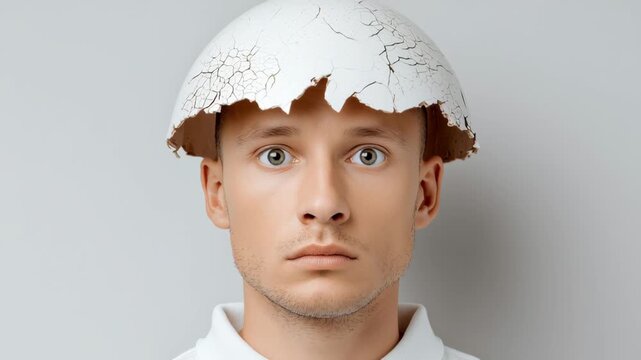 Individual with cracked eggshell head expression showcasing a surreal concept of vulnerability and transformation, emphasizing the gradual reveal of inner thoughts and emotions through visual storytel