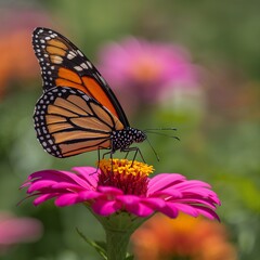 Naklejka premium Photorealistic close-up of a vibrant Monarch butterfly feeding on a pink Zinnia flower, showcasing intricate patterns and serene natural beauty