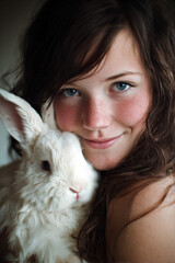Young Woman With a Rabbit at Home During a Warm Afternoon