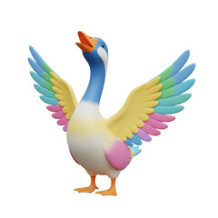 Fototapeta premium A colorful duck stands with vibrant wings spread wide in a cheerful display of plumage and joy.