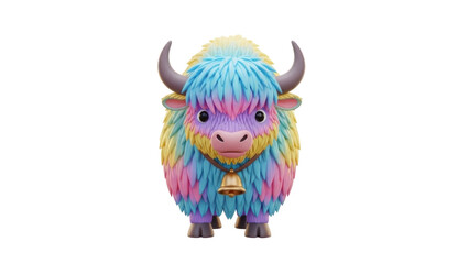 Naklejka premium Vibrant yak with multicolored fur standing in isolation on a plain background viewed from the front