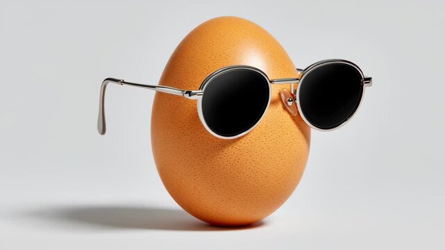 Orange egg wearing stylish round sunglasses, showcasing a playful and whimsical design element, emphasizing unique visual contrast and creative expression in a minimalist setting