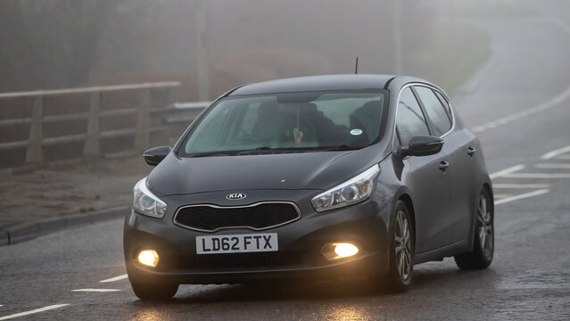 Milton Keynes,Bucks,UK - Jan 18th 2026: 2012 Kia Ceed diesel engine  car driving on a British road on a damp,foggy morning.