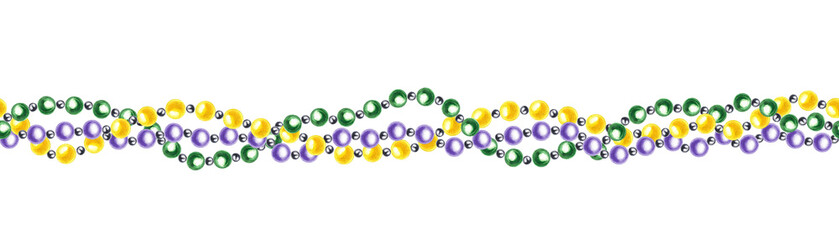 Green, purple and yellow bead garland in colors of Mardi Gras festival watercolor horizontal seamless banner on isolated background. Glass colored necklace pattern. Carnival decor. © Masha_tolk_art