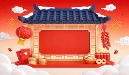 Traditional Red & Gold Gatehouse With Lantern, Red Envelopes & Firecrackers on a Vibrant Red Background &ndash; For Lunar New Year Celebrations, Cultural Decor & Joyful Holiday Visual Concepts