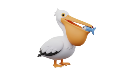 A cartoon pelican holding a fish in its beak standing on one foot in a playful illustration