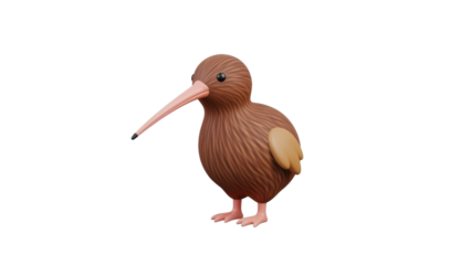 A kiwi bird stands on its feet with a long beak pointing leftwards in a studio setting