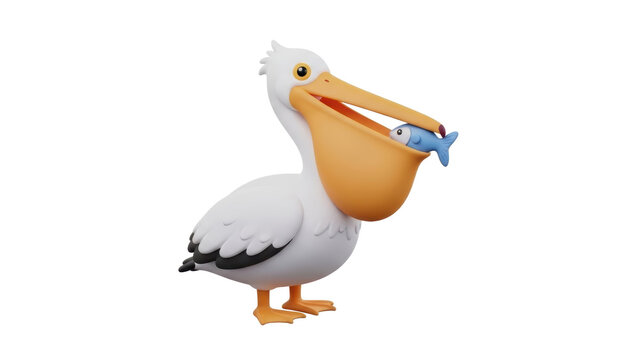 A cartoon pelican holding a fish in its beak standing on one foot in a playful illustration