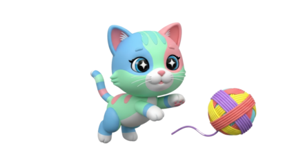 Playful cat illustration playing with colorful ball of yarn on white background from side view