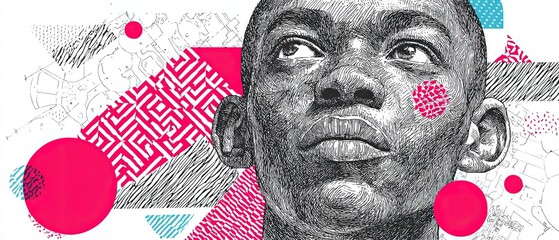 Young Black man, portrait, looking up, abstract geometric background, graphic art, concept of thought and creativity