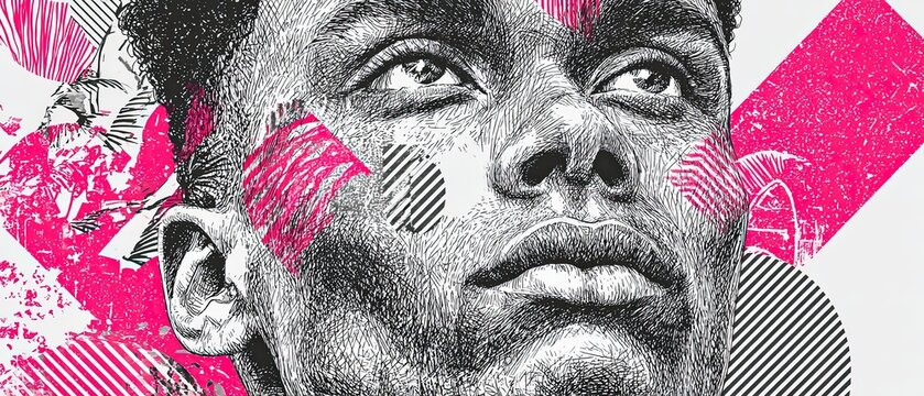 Black man portrait, abstract graphic design, bold pink shapes, modern art, expressive face