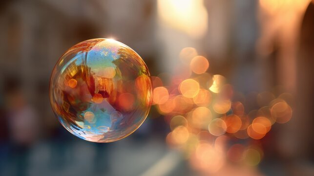 Clear single soap bubble floating with colorful reflections. Abstract light bokeh background. Concept of fragility, dream, and future. - Powered by Adobe