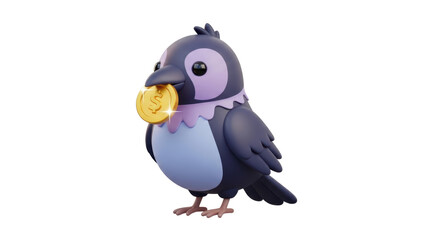 An illustration of a pigeon holding a coin in its beak, standing alone, viewed from the side