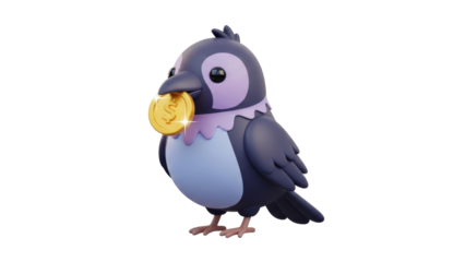 An illustration of a pigeon holding a coin in its beak, standing alone, viewed from the side