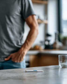 Pregnancy test on kitchen countertop in focus, man walking away blurred in background. Negative pregnancy test concept, fertility stress at home, indoor daylight, copy space