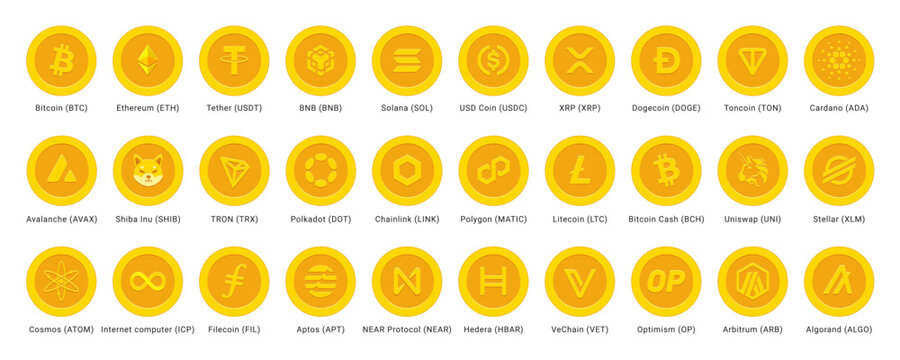 Cryptocurrency logos and symbols. Set of top crypto currency tokens, icons. Bitcoin, Ethereum, tether, bnb, solana, USD Coin, XRP, dogecoin, toncoin, cardano, avalanche, Golden coins vector