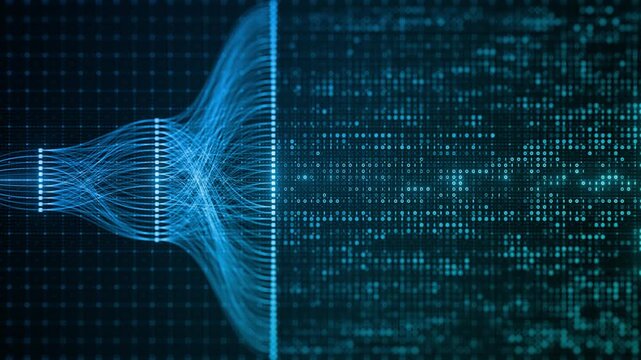 Binary Code Zeros Ones Data Flow Neural Network Visualization with Digital Nodes, Big Data AI Machine Learning Algorithm System, Digital Technology Background for Artificial Intelligence Concept