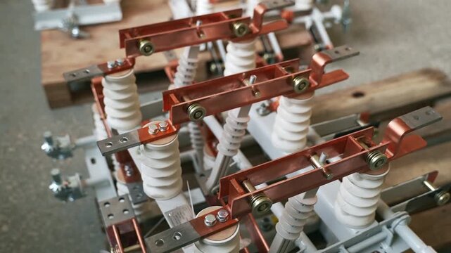 Copper busbars and ceramic insulators for high-voltage switchgear lie on a wooden pallet.