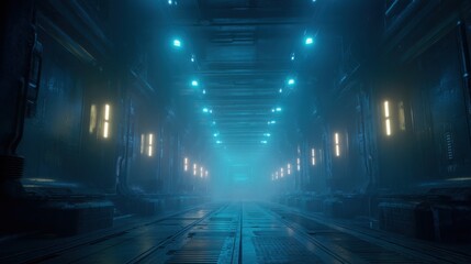Dark sci fi corridor with glowing blue lights leading into fog. Futuristic tunnel interior with industrial details for technology concept.