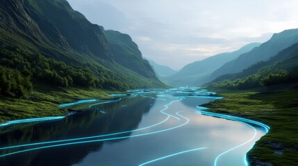River flowing through a mountain valley with glowing blue lines, depicting energy flow and environmental sustainability in a digital landscape.