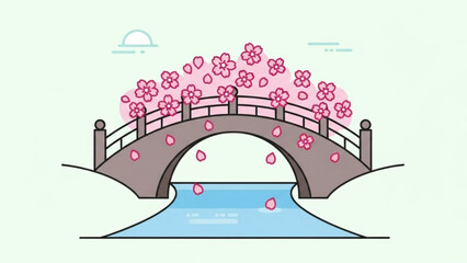 Obraz premium Pink Cherry Blossom Bridge over Blue River in Spring