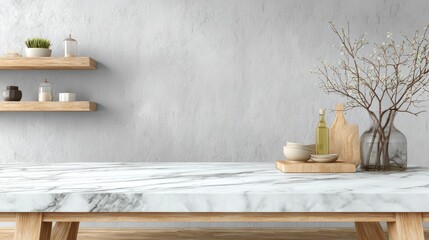 Modern white marble countertop in a stylish kitchen interior, empty table for product display, minimalistic design with natural light and contemporary decor background