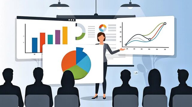 Flat Vector Animation of Business Presentation with Audience and Data Charts