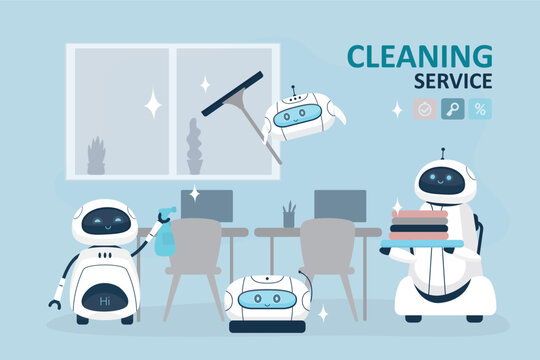 Automated helpers cleaning room, carrying laundry. Smart ai machines or appliance for business people. Group of robot janitors washing windows and furniture.