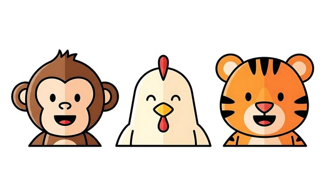 Cartoon animal faces smiling together.