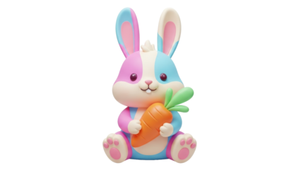 Colorful cartoon bunny holding carrot, sitting, viewed from front, vibrant illustration, festive scene