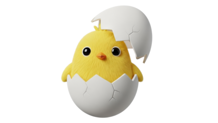 A cartoon chick emerging from a cracked eggshell, illustration, 3D rendering, close-up view