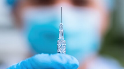 Healthcare worker holds vaccine syringe with a blurred background