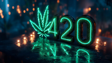 Number 420, made of neon light tubes, symbol of marijuana smoking, on dark background