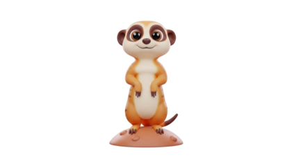 A cartoon meerkat stands upright on a rock, looking directly at the viewer with its hands on its hips, in a playful and curious pose.