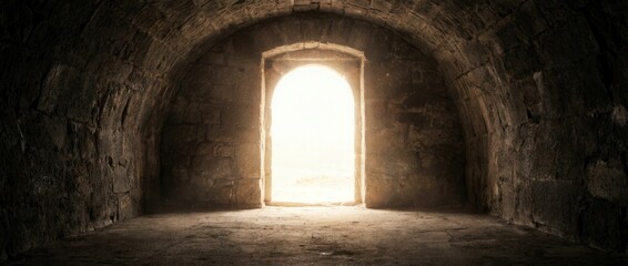 Fototapeta premium Bright Light Shining Through an Arched Doorway in a Dark Stone Tunnel.