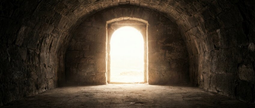 Bright Light Shining Through an Arched Doorway in a Dark Stone Tunnel.