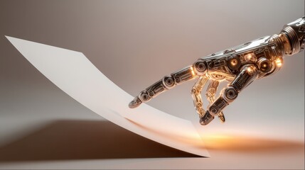 Robot hand interacting with blank white sheet of paper. Artificial intelligence at work. Futuristic technology concept with robotic arm.