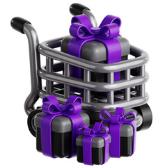 Premium 3D Render Shopping Cart Loaded with Black and Purple Presents