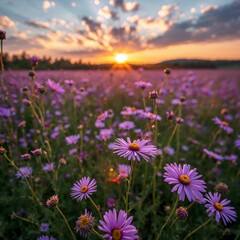 Obraz premium A stunning photorealistic closeup captures the vibrant purple flowers bathed in the warm, golden light of a breathtaking sunset over a vast meadow, evoking a serene and cinematic natural landscape
