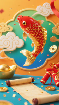 3D Rendered Festive Chinese New Year Scene with Two Koi Fish, Auspicious Clouds, Gold Ingots, Firecrackers and Scroll, Symbolizing Wealth and Good Fortune