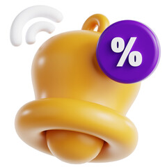 Yellow 3D notification bell with purple percent sign sale alert promotion icon
