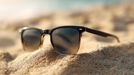 Black frame sunglasses with gold glitter on the lenses resting on sunny beach sand representing summer day and vacation travel