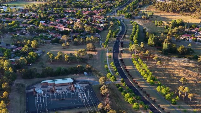 Aerial View of Canberra Power Substation and Suburban Infrastructure at Sunset