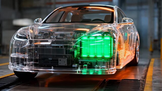 Transparent electric car model with green battery and orange circuit
