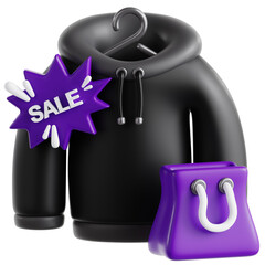 Black Hoodie on Hanger with Sale Tag and Shopping Bag 3D Icon