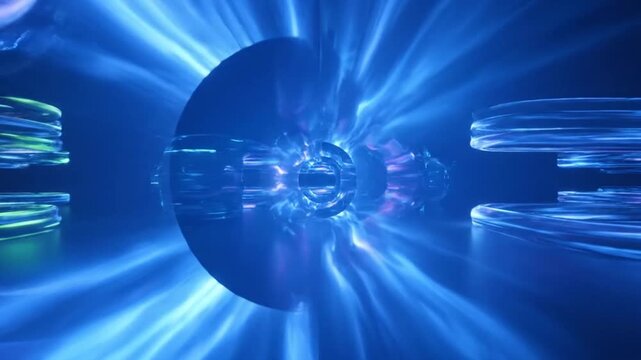 Vibrant blue light rays emanate from glowing orb in futuristic tunnel scene