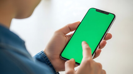 Person interacting with a smartphone displaying a vibrant green screen mockup