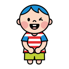 Obraz premium Cute cartoon boy winking, smiling, wearing striped shirt and shorts, playful character