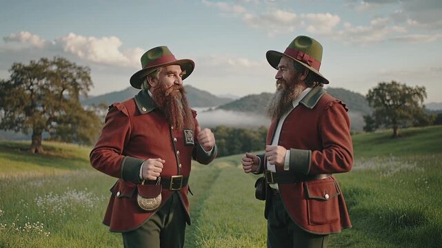 couple in traditional attire chats and gestures happily in green mountain landscape treeline static eye-level shot by Generative AI
